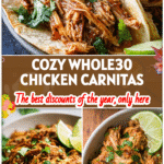 Shredded chicken carnitas served in a bowl with fresh cilantro and lime, perfect for Paleo Slow Cooker meals.